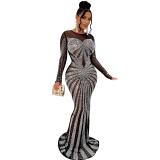 Black Mesh Long Sleeve Rhinestone Elegant Evening Formal Long Dress