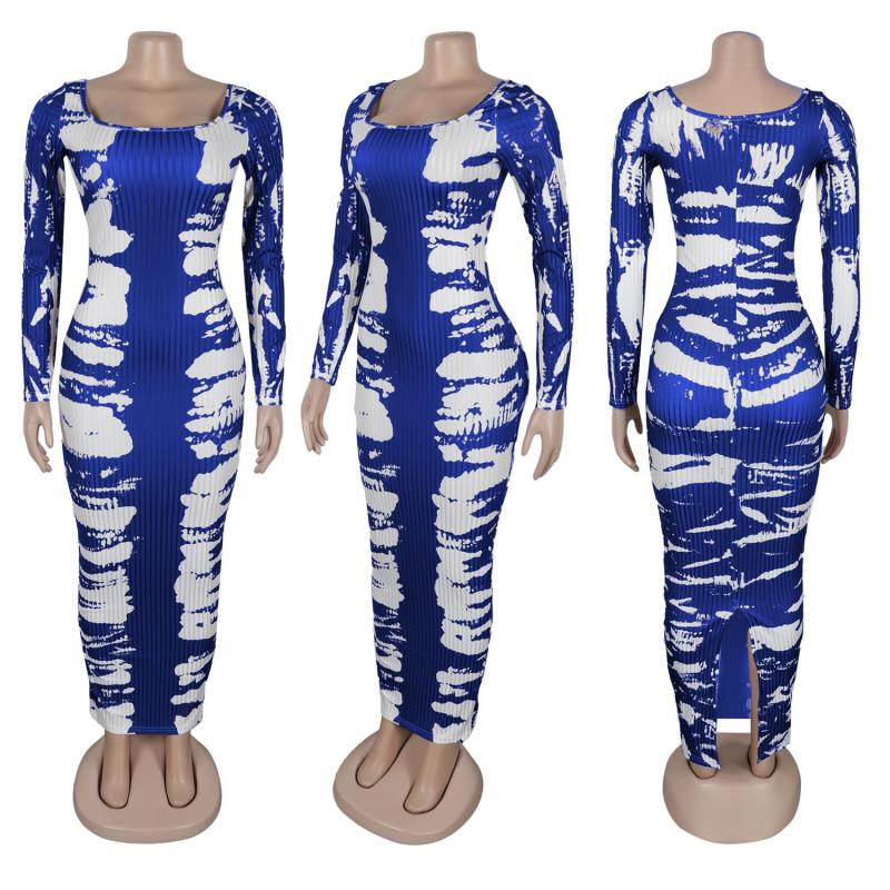 Blue Long Sleeve Printed Low Cut Cotton Bodycon Pleated Midi Dress