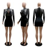 Black Long Sleeve Mesh Rhinestone Bodycon Mini Dress