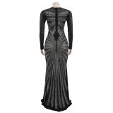 Black Mesh Long Sleeve Rhinestone Elegant Evening Formal Long Dress