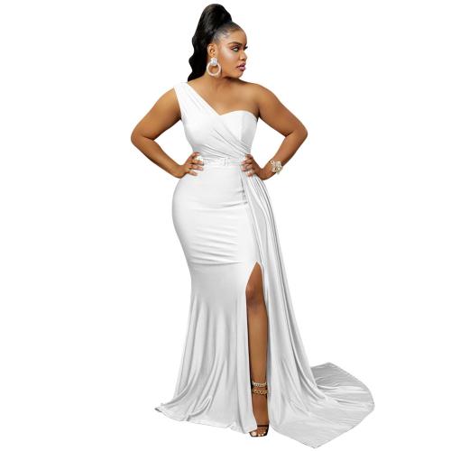 White One Shoulder Sleeveless Pleated Party Elegant Maxi Prom Dress