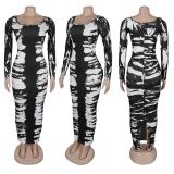 Black Long Sleeve Printed Low Cut Cotton Bodycon Pleated Midi Dress
