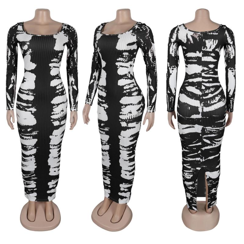Black Long Sleeve Printed Low Cut Cotton Bodycon Pleated Midi Dress