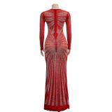 Red Mesh Long Sleeve Rhinestone Elegant Evening Formal Long Dress