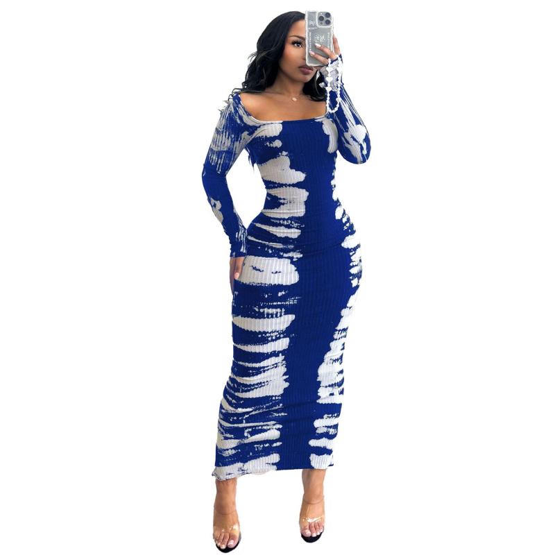 Blue Long Sleeve Printed Low Cut Cotton Bodycon Pleated Midi Dress