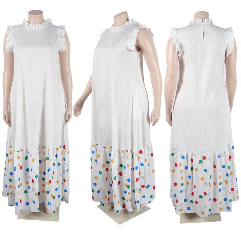 White Sleeveless Pleated O Neck Fashion Printed Casual Long Skirt Dress
