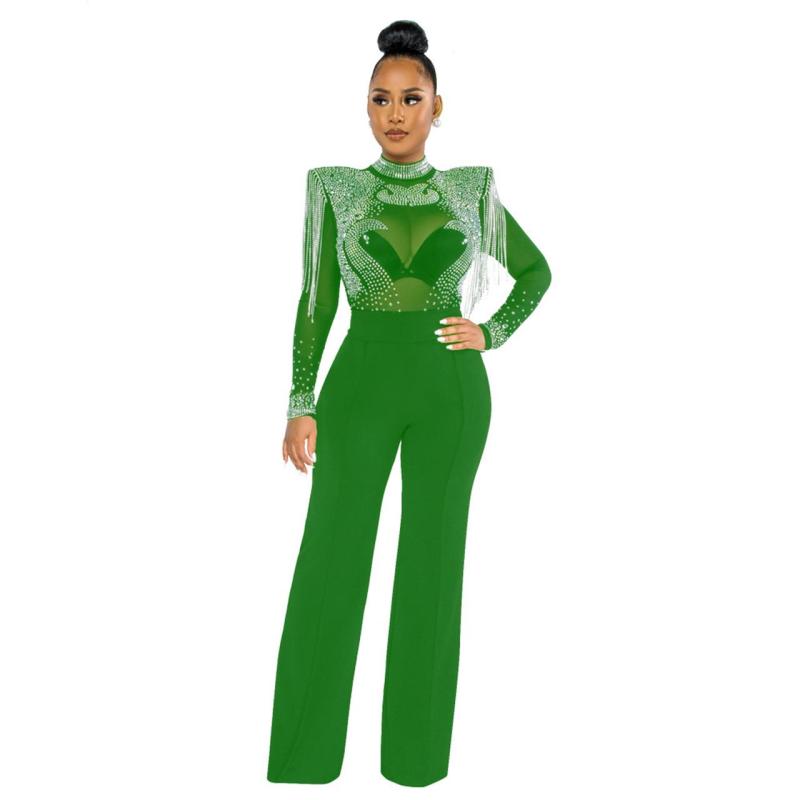 Green Long Sleeve Mesh Rhinestone Tassels Women Jumpsuits
