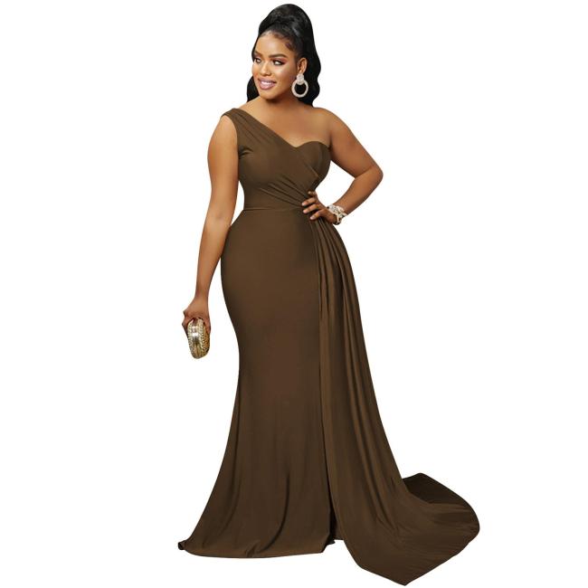 Brown One Shoulder Sleeveless Pleated Party Elegant Maxi Prom Dress