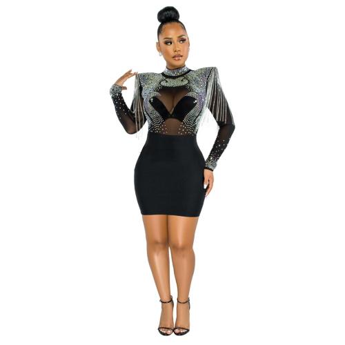 Black Long Sleeve Mesh Rhinestone Bodycon Mini Dress