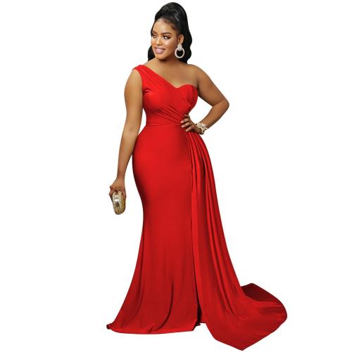 Red One Shoulder Sleeveless Pleated Party Elegant Maxi Prom Dress