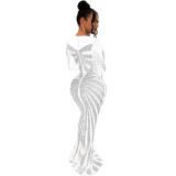 White Mesh Long Sleeve Rhinestone Elegant Evening Formal Long Dress