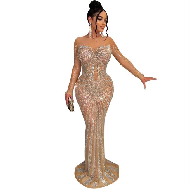 Beige Mesh Long Sleeve Rhinestone Elegant Evening Formal Long Dress