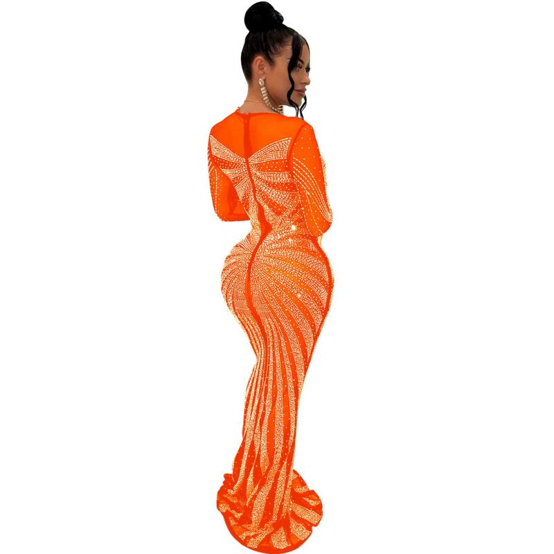 Orange Mesh Long Sleeve Rhinestone Elegant Evening Formal Long Dress