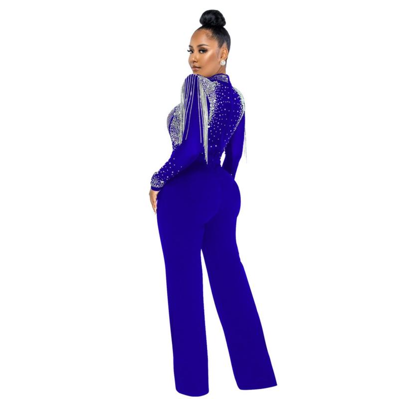 Blue Long Sleeve Mesh Rhinestone Tassels Women Jumpsuits