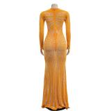 Orange Mesh Long Sleeve Rhinestone Elegant Evening Formal Long Dress