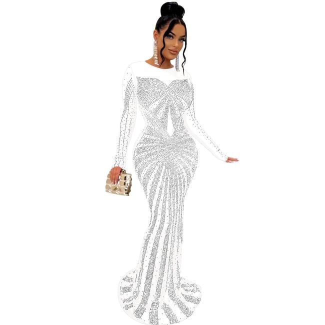 White Mesh Long Sleeve Rhinestone Elegant Evening Formal Long Dress