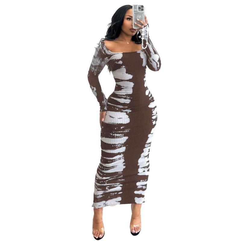 Brown Long Sleeve Printed Low Cut Cotton Bodycon Pleated Midi Dress