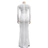 White Mesh Long Sleeve Rhinestone Elegant Evening Formal Long Dress