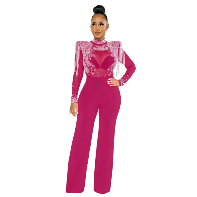 RoseRed Long Sleeve Mesh Rhinestone Tassels Women Jumpsuits