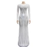 White Mesh Long Sleeve Rhinestone Elegant Evening Formal Long Dress
