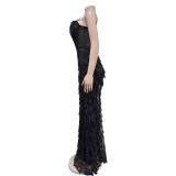 Black Straps Mesh Low Cut Sequins Tassels Bodycon Formal Maxi Dress Y2K