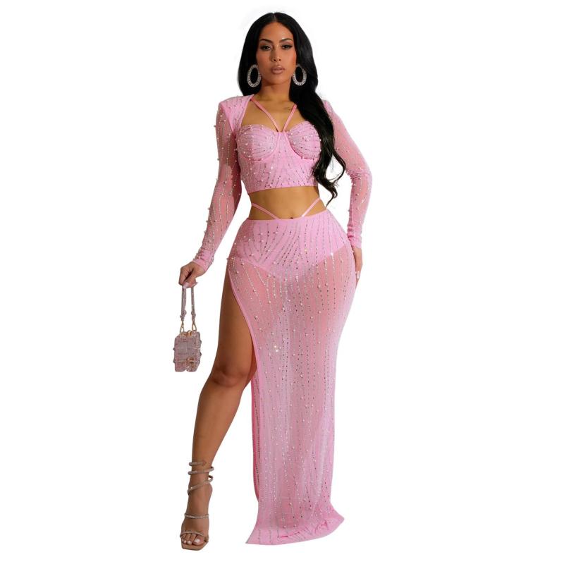 Pink Long Sleeve Low Cut Crop Top Two Pieces Rhinestone Skirt Sets Prom Dresses