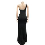 Black One Shoulder Sleeveless Pleated Party Elegant Maxi Prom Dress