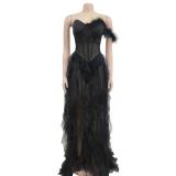 Black Feather Low Cut Mesh Sexy Puffy Luxury Wedding Party Dress