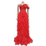 Red Feather Low Cut Mesh Sexy Puffy Luxury Wedding Party Dress