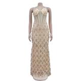 Gold Straps Mesh Low Cut Sequins Tassels Bodycon Formal Maxi Dress Y2K