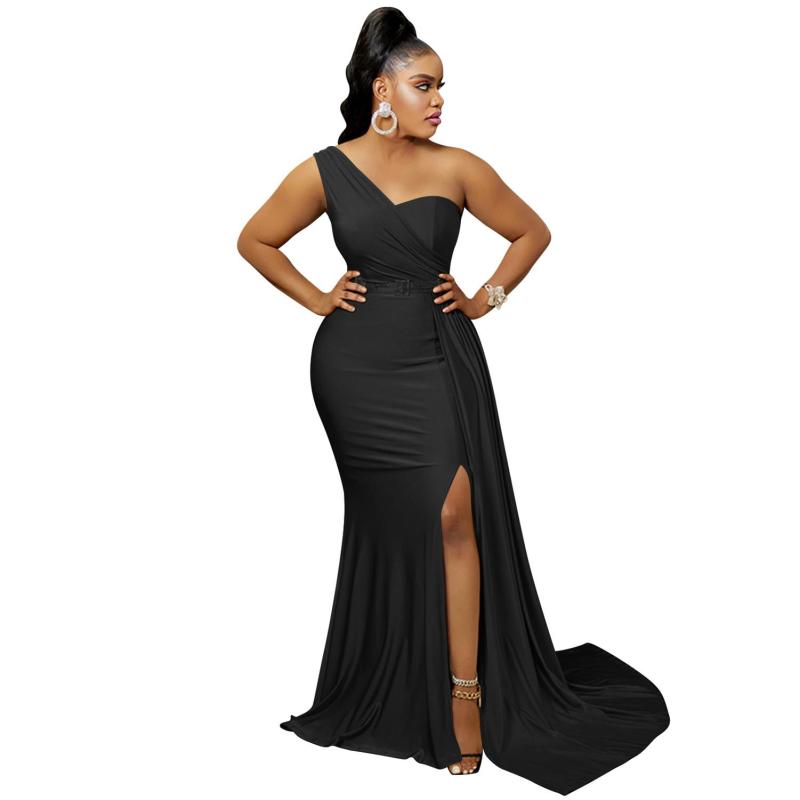 Black One Shoulder Sleeveless Pleated Party Elegant Maxi Prom Dress