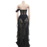Black Feather Low Cut Mesh Sexy Puffy Luxury Wedding Party Dress