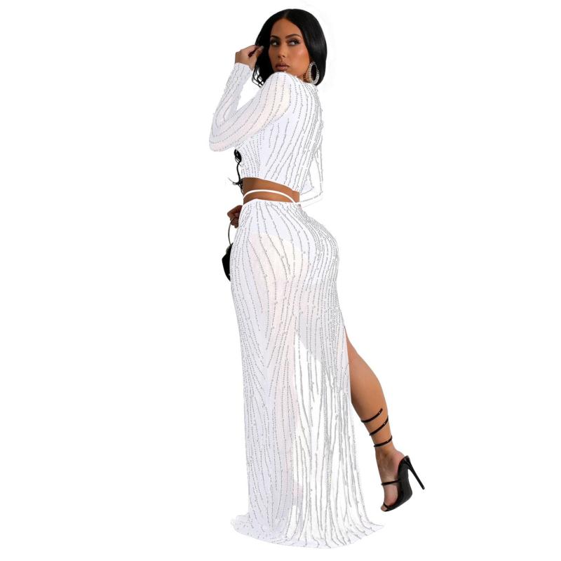 White Long Sleeve Low Cut Crop Top Two Pieces Rhinestone Skirt Sets Prom Dresses