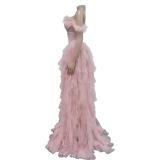 LightPink Feather Low Cut Mesh Sexy Puffy Luxury Wedding Party Dress
