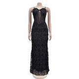 Black Straps Mesh Low Cut Sequins Tassels Bodycon Formal Maxi Dress Y2K
