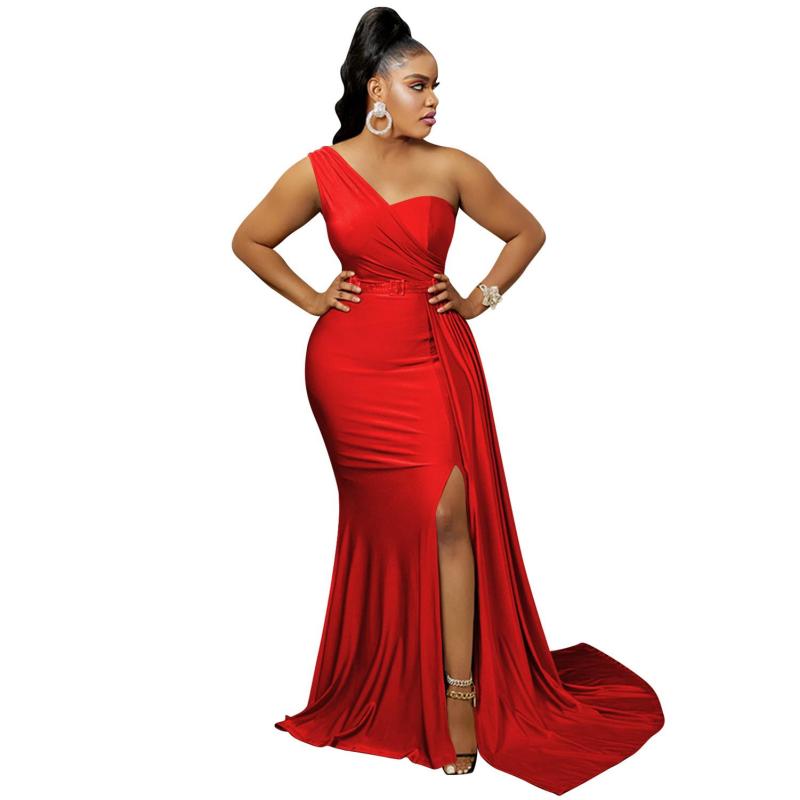 Red One Shoulder Sleeveless Pleated Party Elegant Maxi Prom Dress