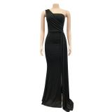 Black One Shoulder Sleeveless Pleated Party Elegant Maxi Prom Dress