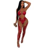 Red Off Shoulder Mesh Sequins Bodycon Club Sexy Jumpsuit