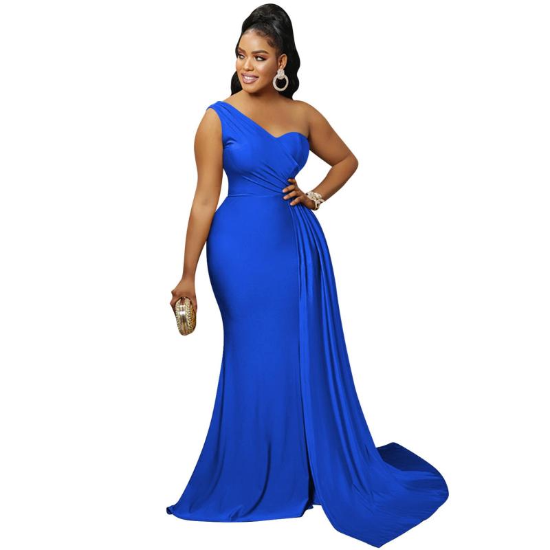 Blue One Shoulder Sleeveless Pleated Party Elegant Maxi Prom Dress