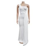 White One Shoulder Sleeveless Pleated Party Elegant Maxi Prom Dress