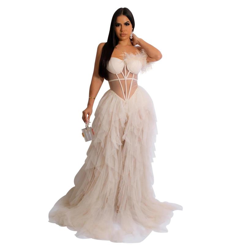 LightPink Feather Low Cut Mesh Sexy Puffy Luxury Wedding Party Dress