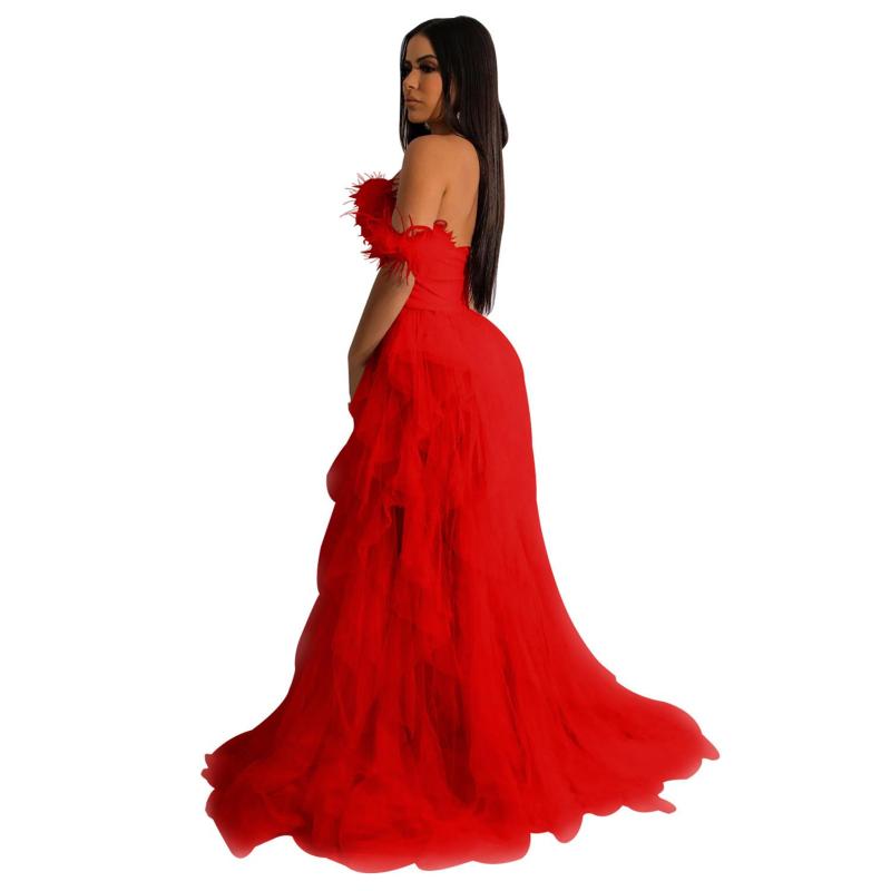 Red Feather Low Cut Mesh Sexy Puffy Luxury Wedding Party Dress