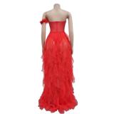Red Feather Low Cut Mesh Sexy Puffy Luxury Wedding Party Dress