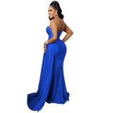 Blue One Shoulder Sleeveless Pleated Party Elegant Maxi Prom Dress