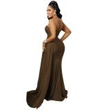 Brown One Shoulder Sleeveless Pleated Party Elegant Maxi Prom Dress