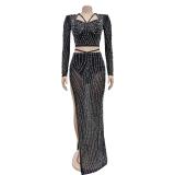 Black Long Sleeve Low Cut Crop Top Two Pieces Rhinestone Skirt Sets Prom Dresses
