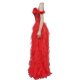 Red Feather Low Cut Mesh Sexy Puffy Luxury Wedding Party Dress