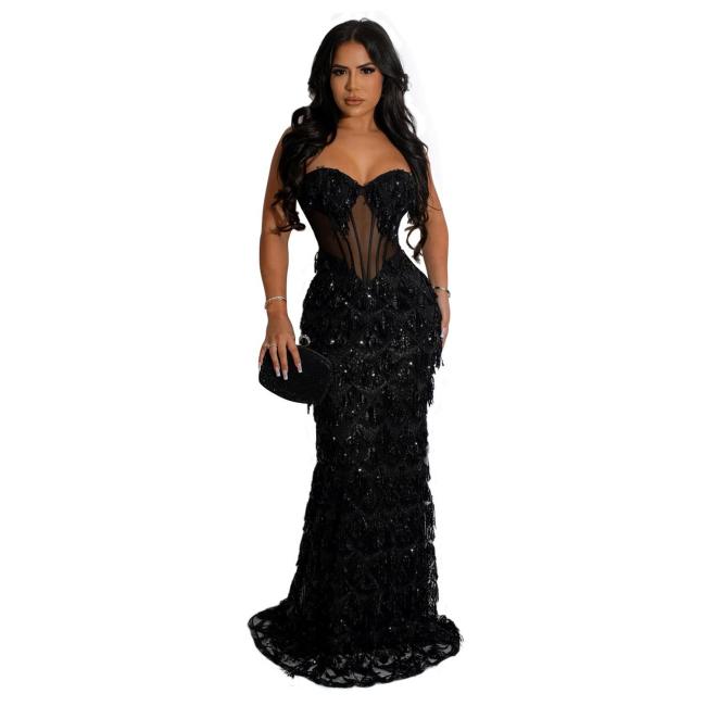 Black Straps Mesh Low Cut Sequins Tassels Bodycon Formal Maxi Dress Y2K