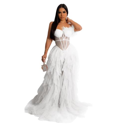 White Feather Low Cut Mesh Sexy Puffy Luxury Wedding Party Dress
