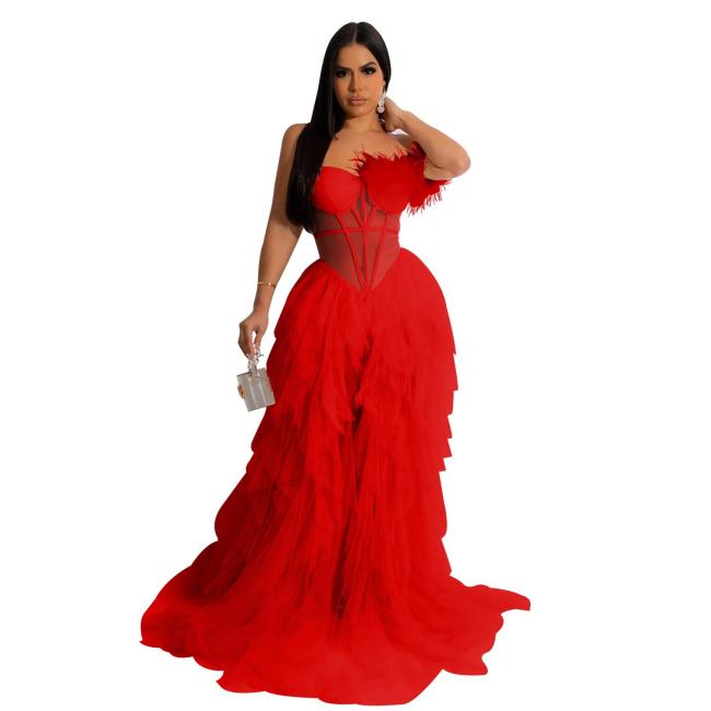 Red Feather Low Cut Mesh Sexy Puffy Luxury Wedding Party Dress